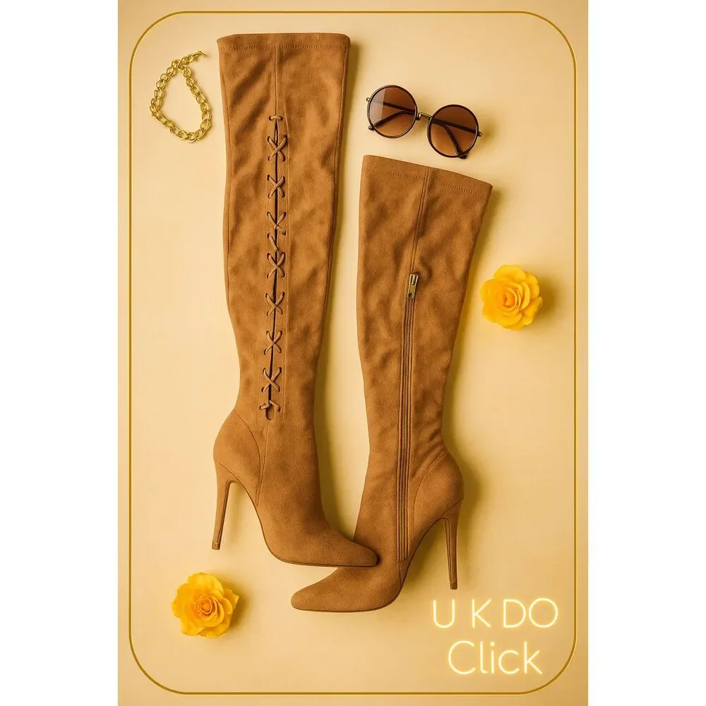 Vintage Camel Suede High Heel Over the Knee Boots Lace Up Back Side Zip 9